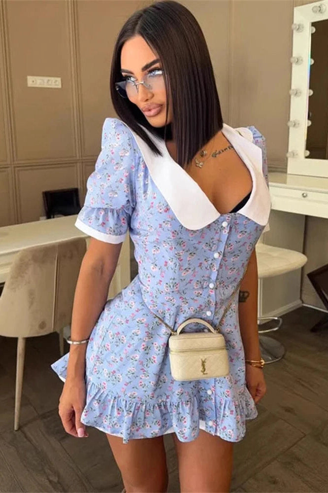 Glorol - Printed Slim Short Sleeve Bodycon Mini Dress
