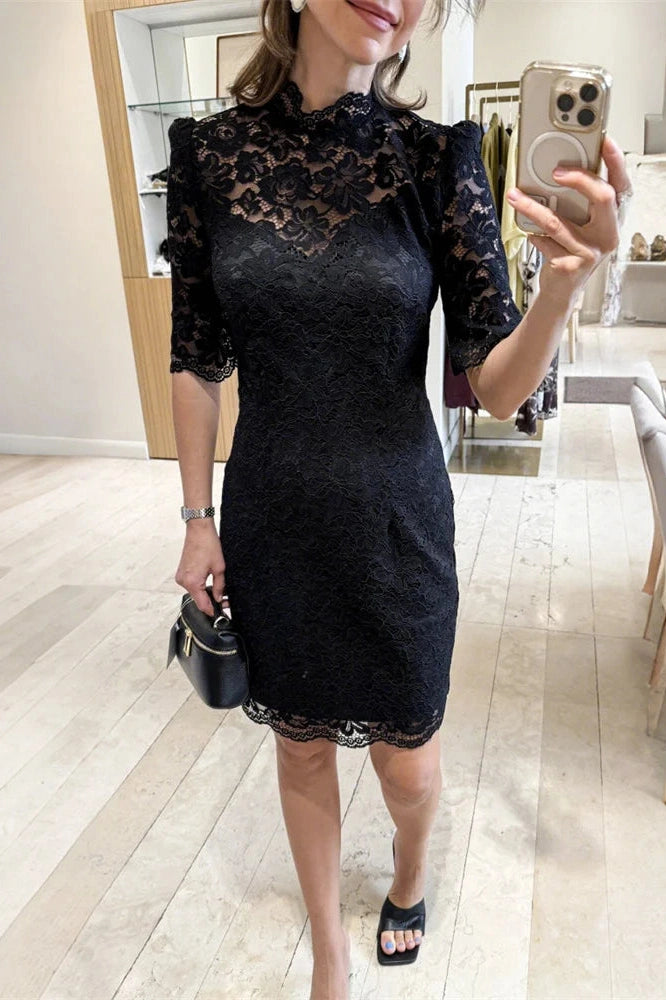 Glorol - See-Through Lace Patchwork Short Sleeve Mini Dress
