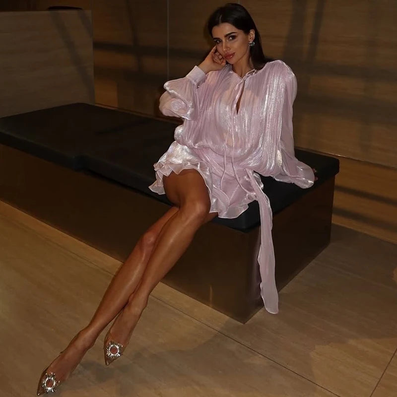 Glorol - Long Sleeve Lace Up Mini Dress