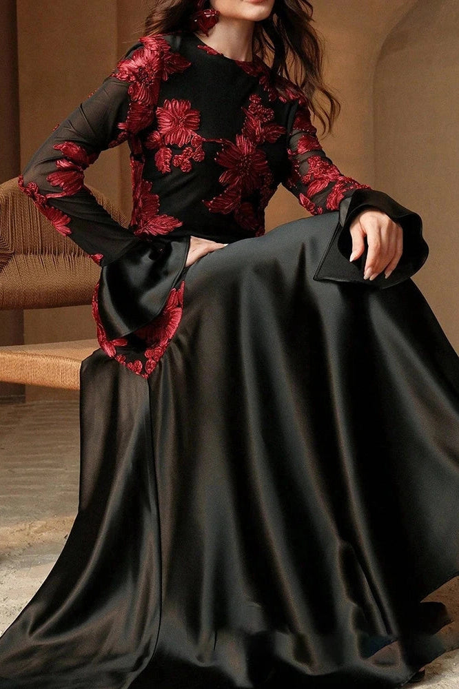 Glorol - Elegant High Waist O-Neck Flare Sleeve Pleated Maxi Dress