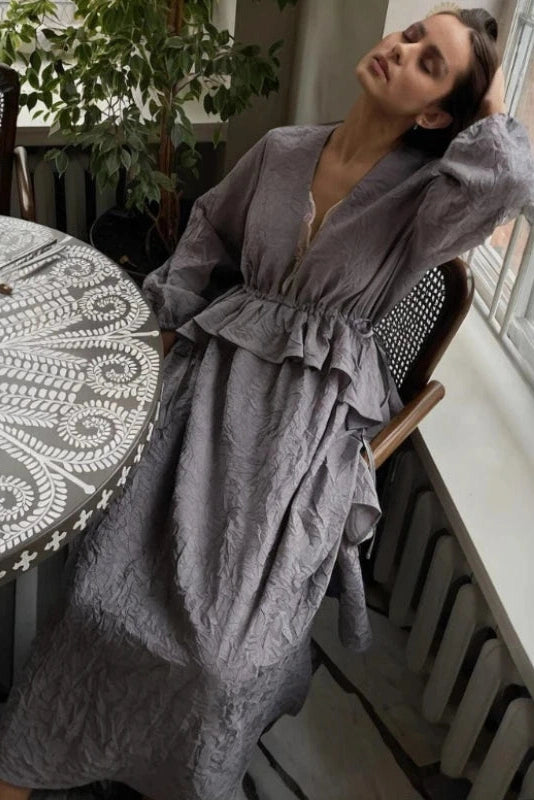 Glorol - Lantern Sleeves Lace V-Neck Midi Dress