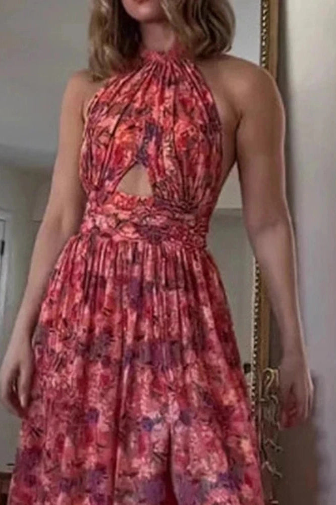 Glorol - Hollow Out Sleeveless High Waist Pleated Printed Maxi Dress