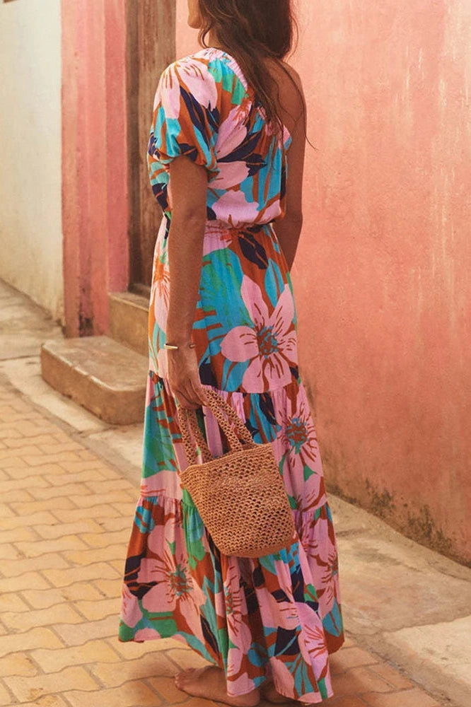 Glorol - Printed High Waist Pleated One-Shoulder Sleeve Maxi Dress
