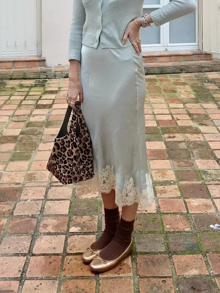 Glorol - High Waist Lace Printed Patchwork Skirt