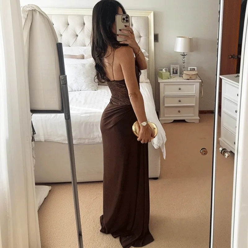 Glorol - Elegant Lace Patchwork Backless Maxi Dress