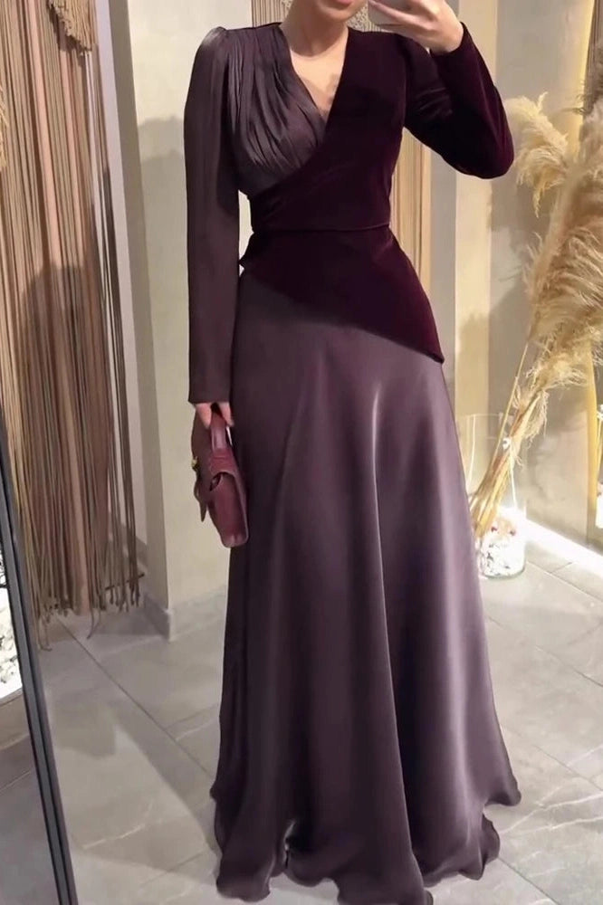 Glorol - Long Sleeve V-Neck High Waist Pleated Maxi Dress