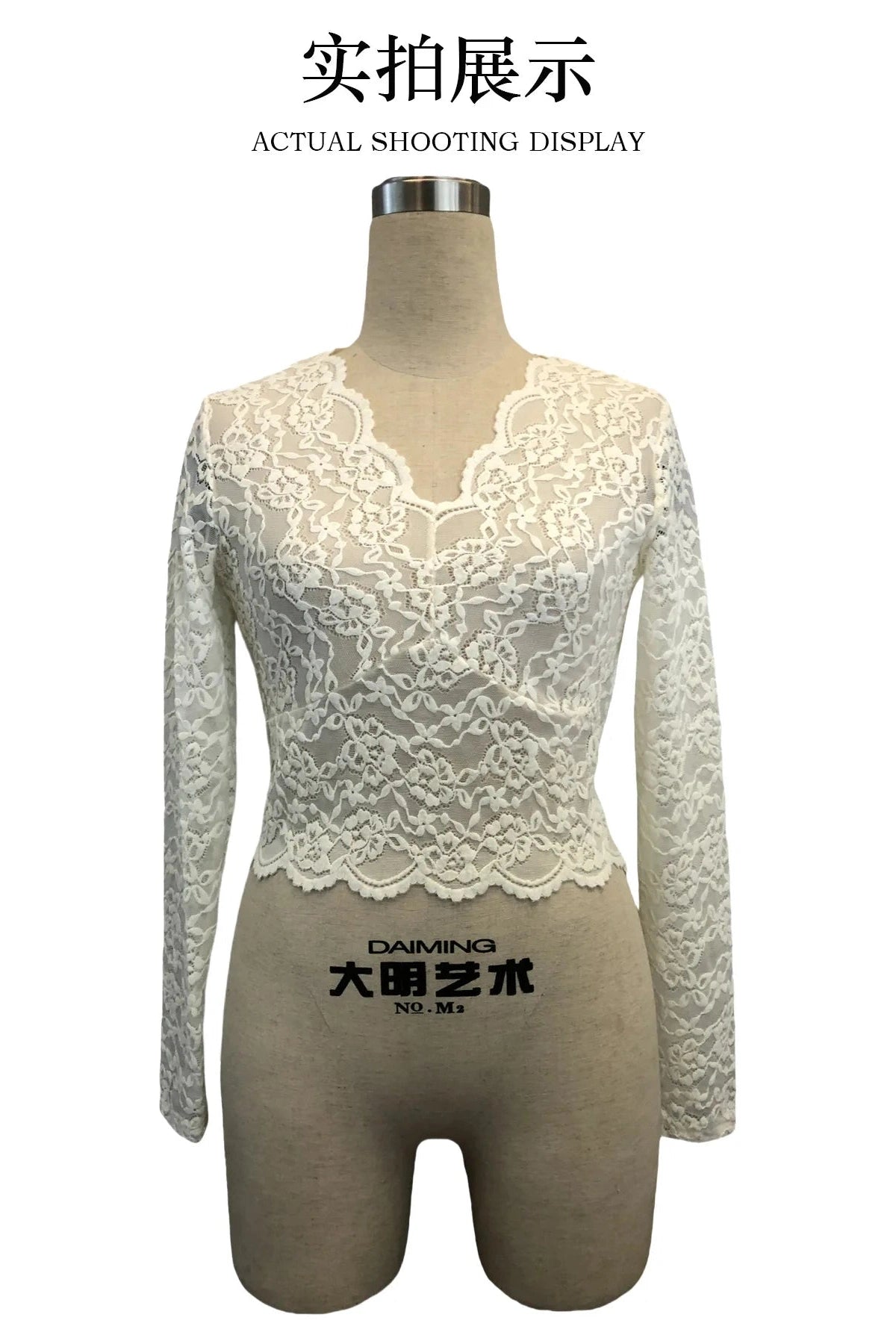 Glorol - Hollow Lace V-Neck Slim Long-Sleeved Top