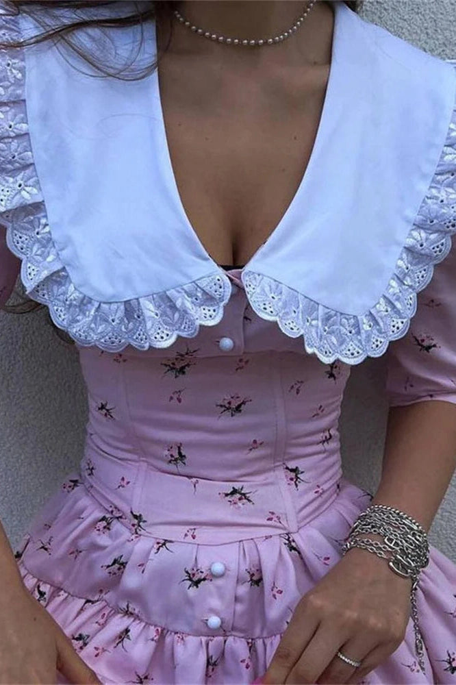 Glorol - Printed Patchwork V-Neck Short Sleeve Slim Mini Dress