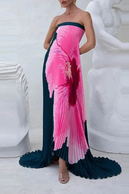 Glorol - Elegant Strapless Off Shoulder Printed Maxi Dress