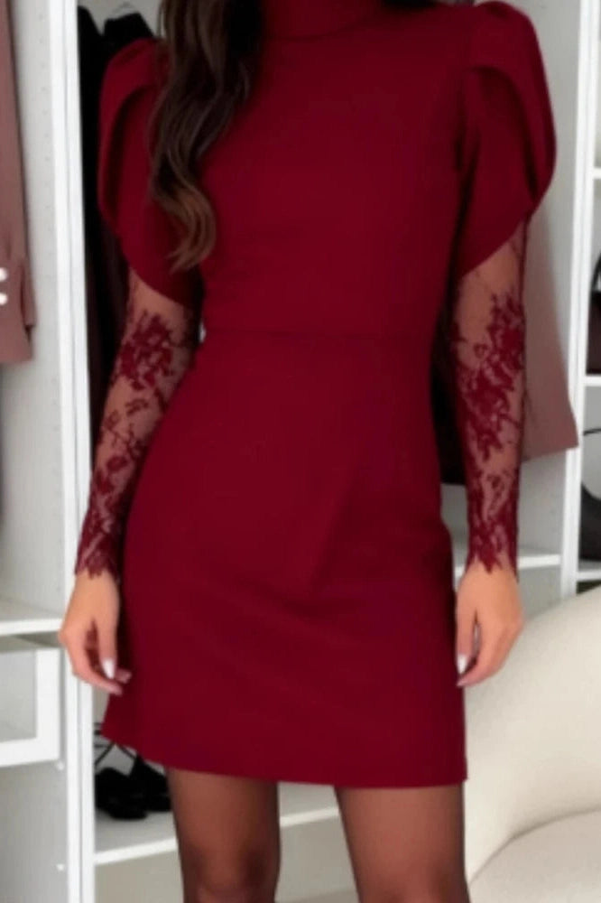 Glorol - O-Neck Lace Long Sleeve Slim High Waist Pleated A-Line Mini Dress