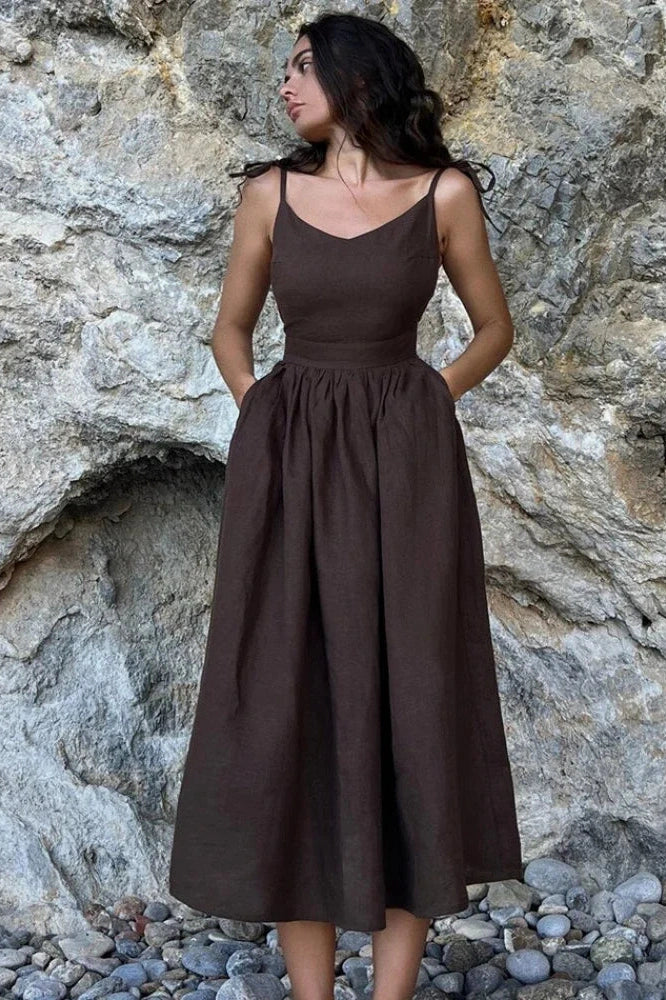 Glorol - Elegant Backless V Neck Midi Dress