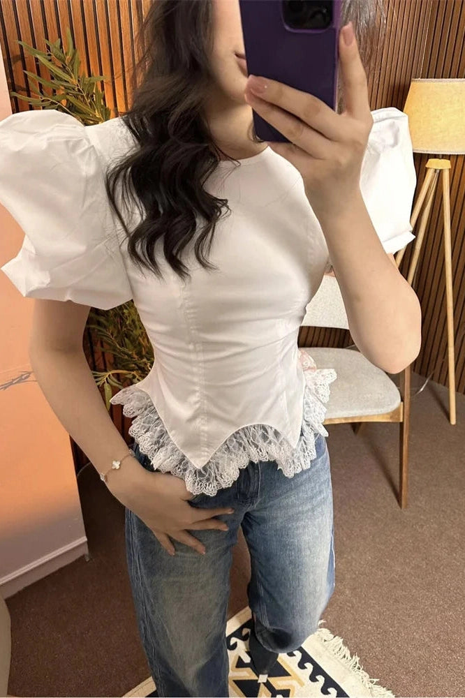 Glorol - Lace-Up Short Sleeve Patchwork Slim Top