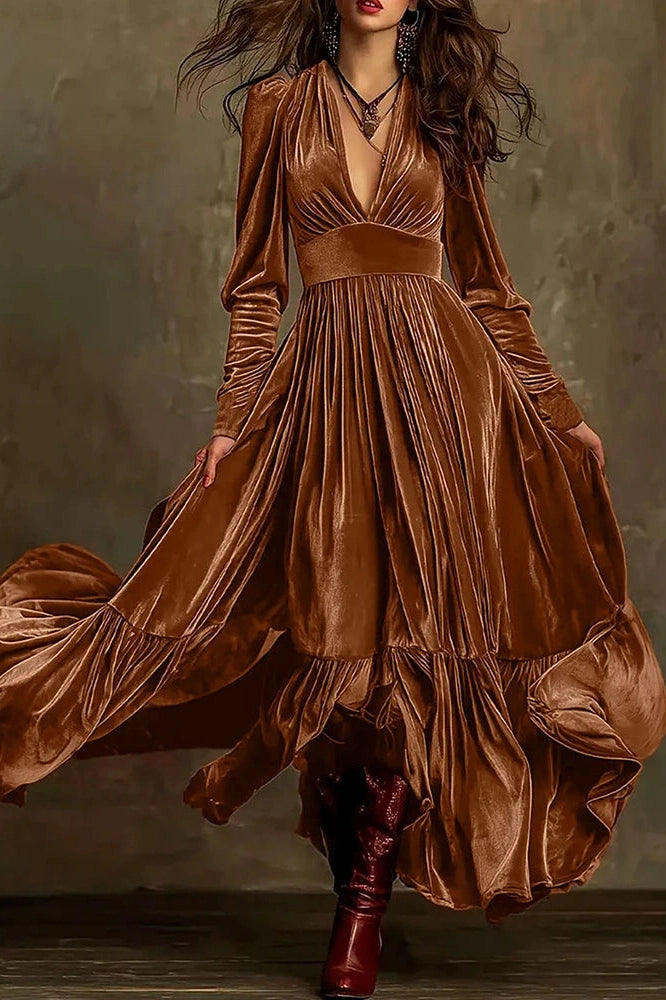 Glorol - Elegant V-Neck Long Sleeve Pleat Maxi Dress