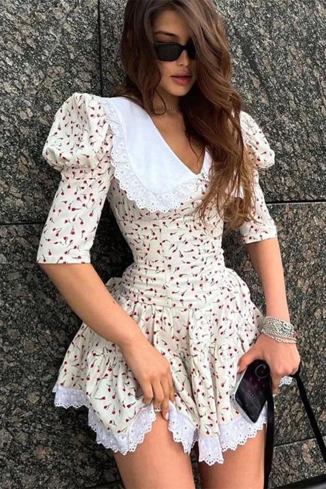 Elegant Lace-Up Slim Lace Short Sleeve Mini Dress