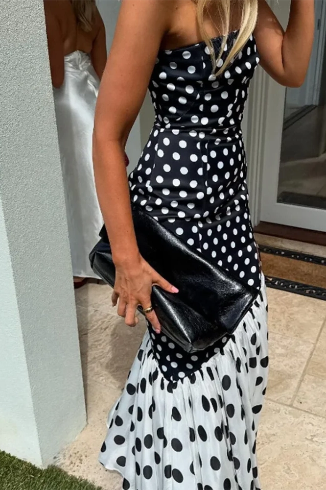 Glorol - Elegant Split Polka Dot Printed Strapless High Waist Maxi Dress