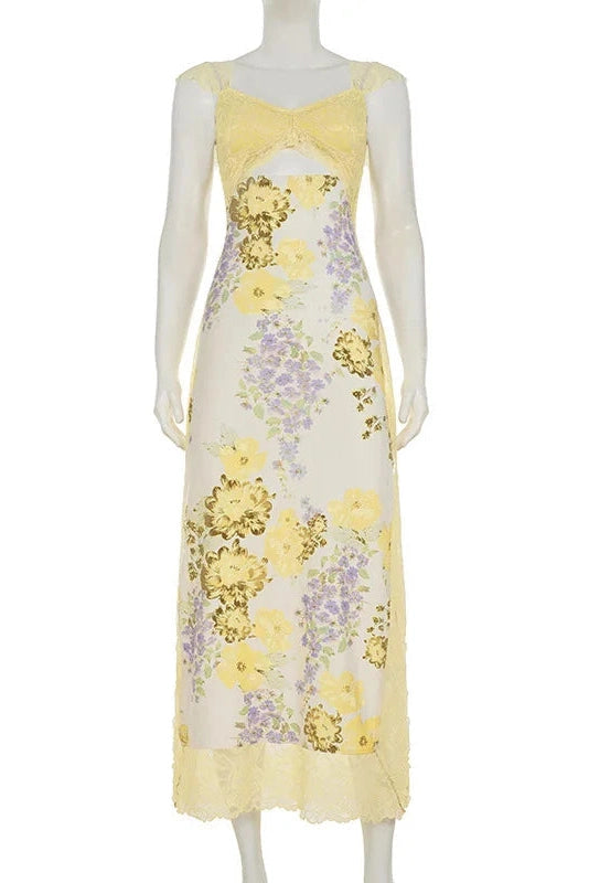 Glorol - Hollow Out Printed Lace Patchwork Slim Maxi Dress