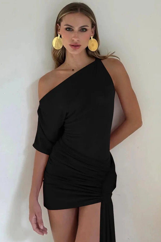 Glorol - Oblique Shoulder Backless Irregular Sleeveless Mini Dress