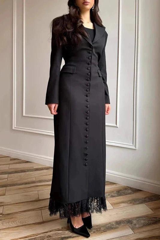 Glorol - Long Sleeve Single Breasted V-Neck Lace Maxi Dress