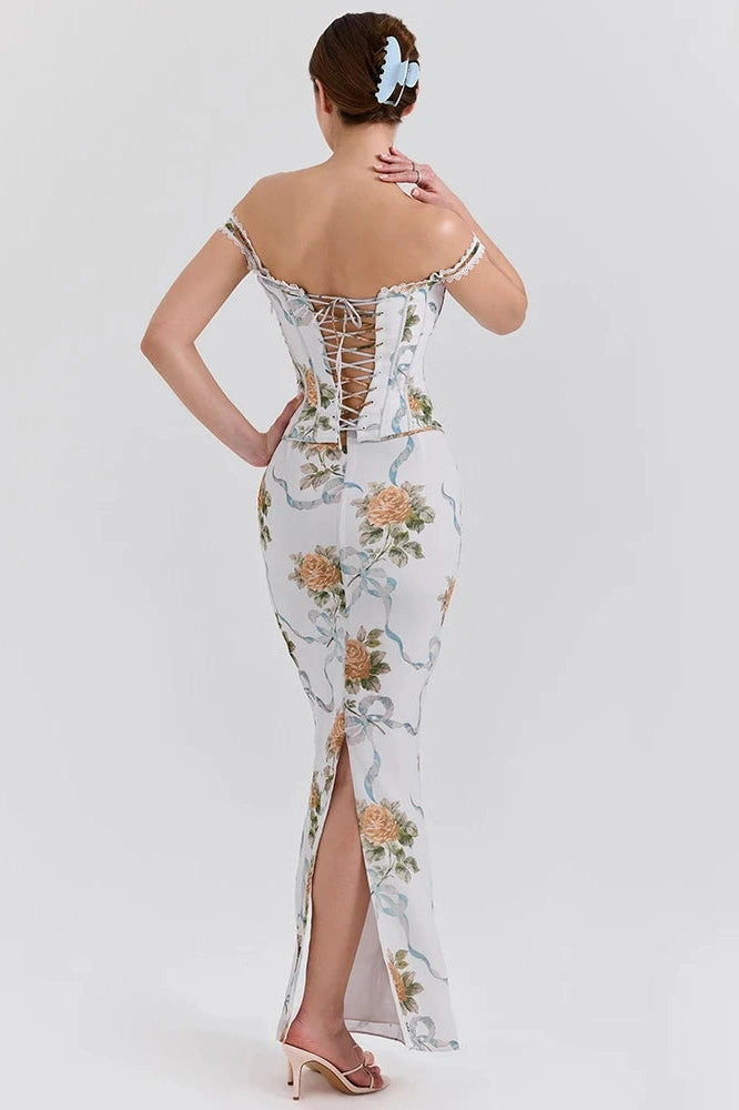 Glorol - Printed Off-Shoulder Sleeveless Backless Bodycon Maxi Dress