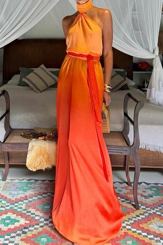 Glorol - Hollow Sleeveless Slim Printed Backless High Waist Maxi Dress