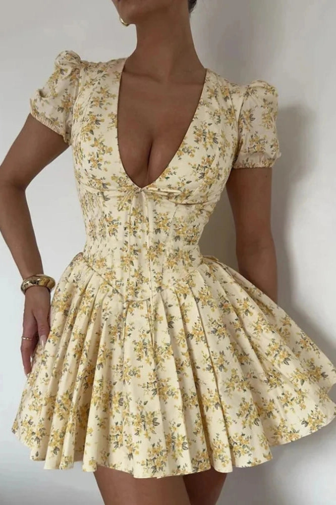 Glorol - Printed Deep V Neck Patchwork Short Sleeve Mini Dress