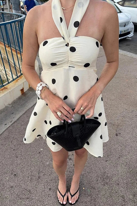 Glorol - Polka Dot Off-Shoulder Backless Pleated Strapless Mini Dress