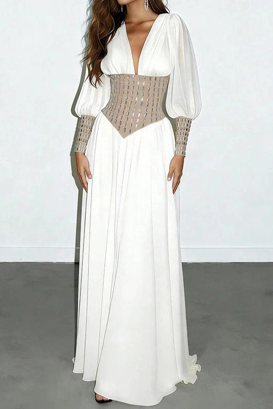 Glorol - Long Sleeve Slim V-Neck High Waist Maxi Dress