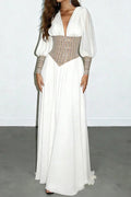 Glorol - Long Sleeve Slim V-Neck High Waist Maxi Dress