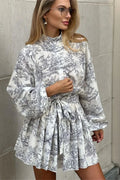 Glorol - Elegant Printed Lace Up Long Sleeve Mini Dress
