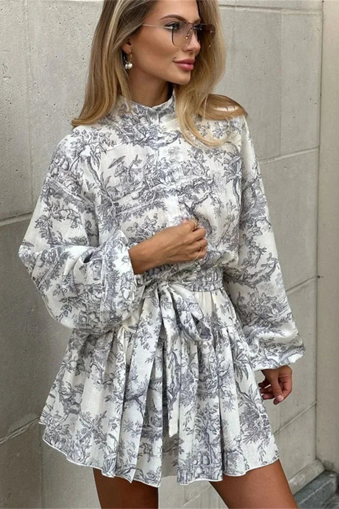 Glorol - Elegant Printed Lace Up Long Sleeve Mini Dress