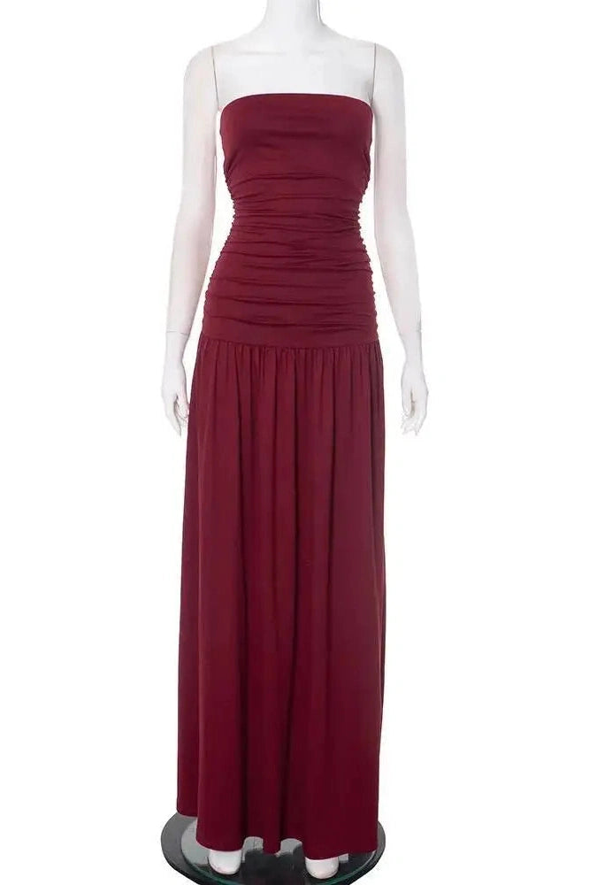 Glorol - Off-Shoulder Strapless Pleated Sleeveless High Waist Maxi Dress
