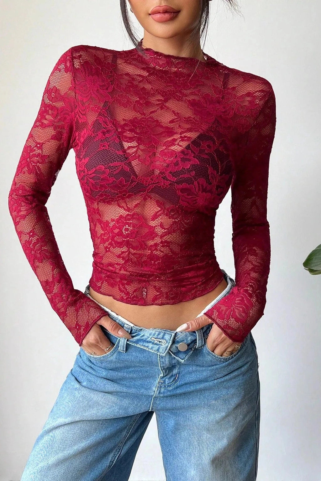 Glorol - Lace Long-Sleeved Slim Top