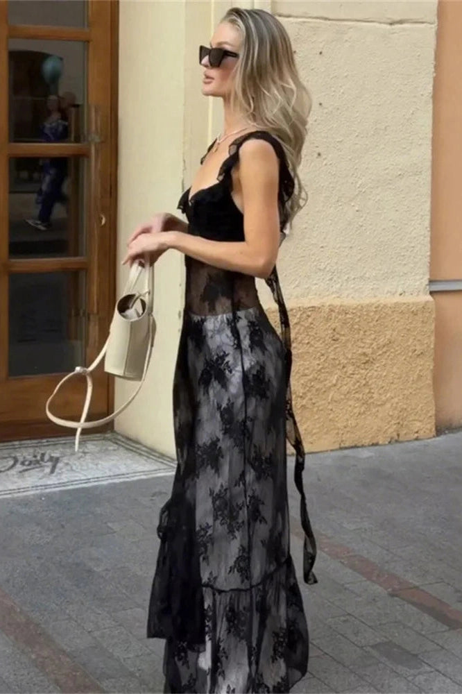 Glorol - Lace See-Through Patchwork Backless Maxi Dress