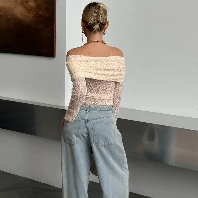 Glorol - Off-Shoulder Knitted Long-Sleeve Slim Top
