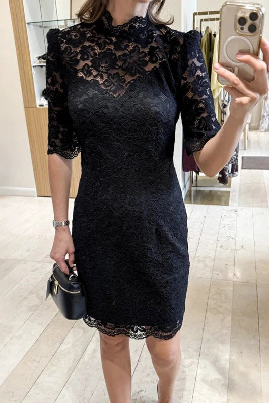 Glorol - See-Through Lace Patchwork Short Sleeve Mini Dress