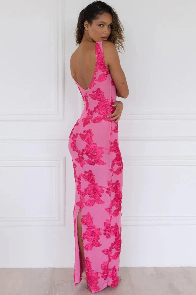 Glorol - Elegant Floral Print Embroidered Maxi Dress