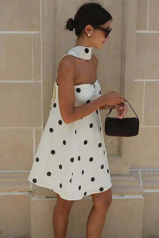 Glorol - Polka Dot Off-Shoulder Backless Pleated Strapless Mini Dress