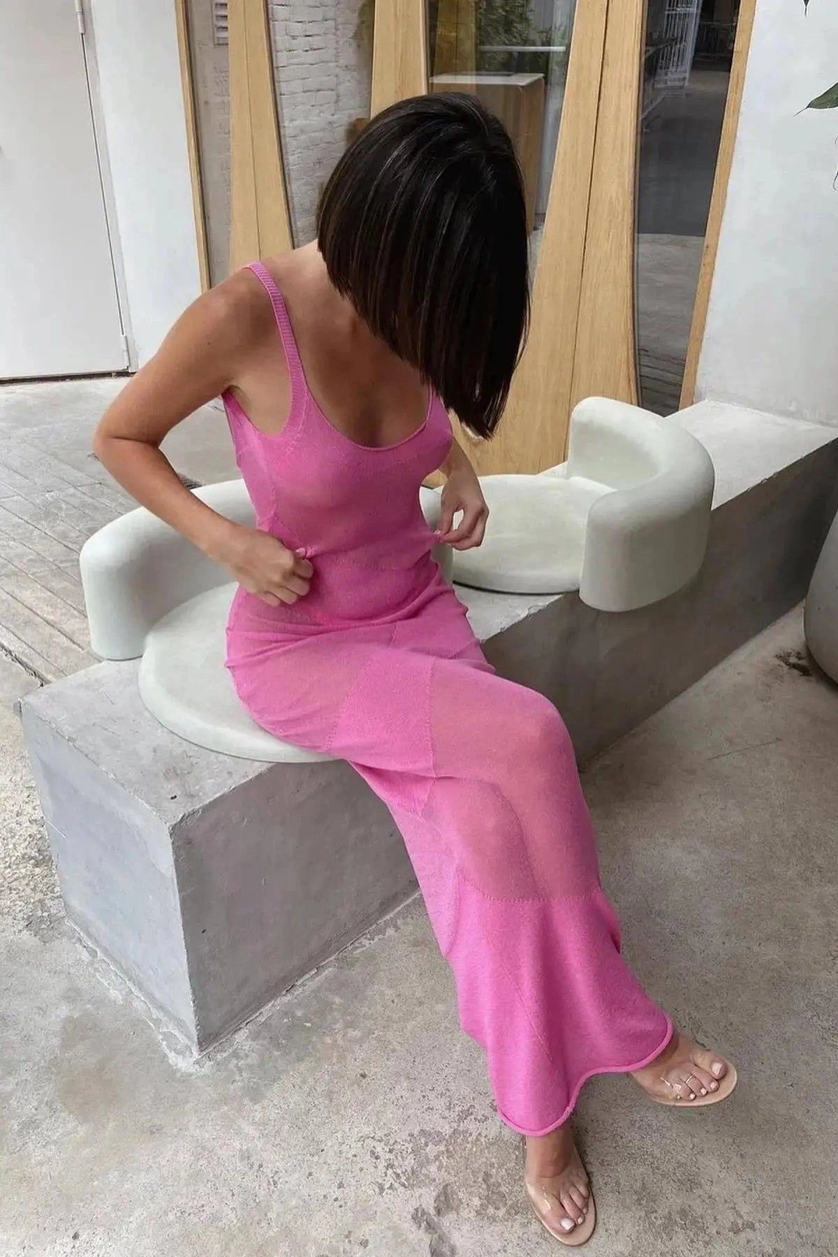 Glorol - Backless See Through Knitted Slim Maxi Dress