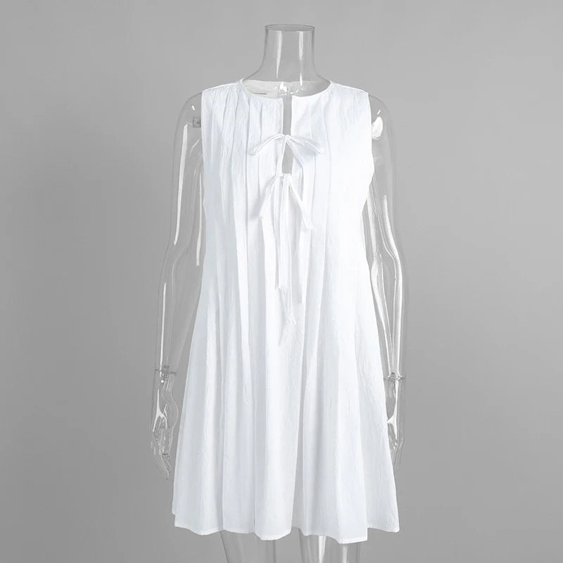 Glorol - Pleated O Neck Sleeveless Lace Up Mini Dress
