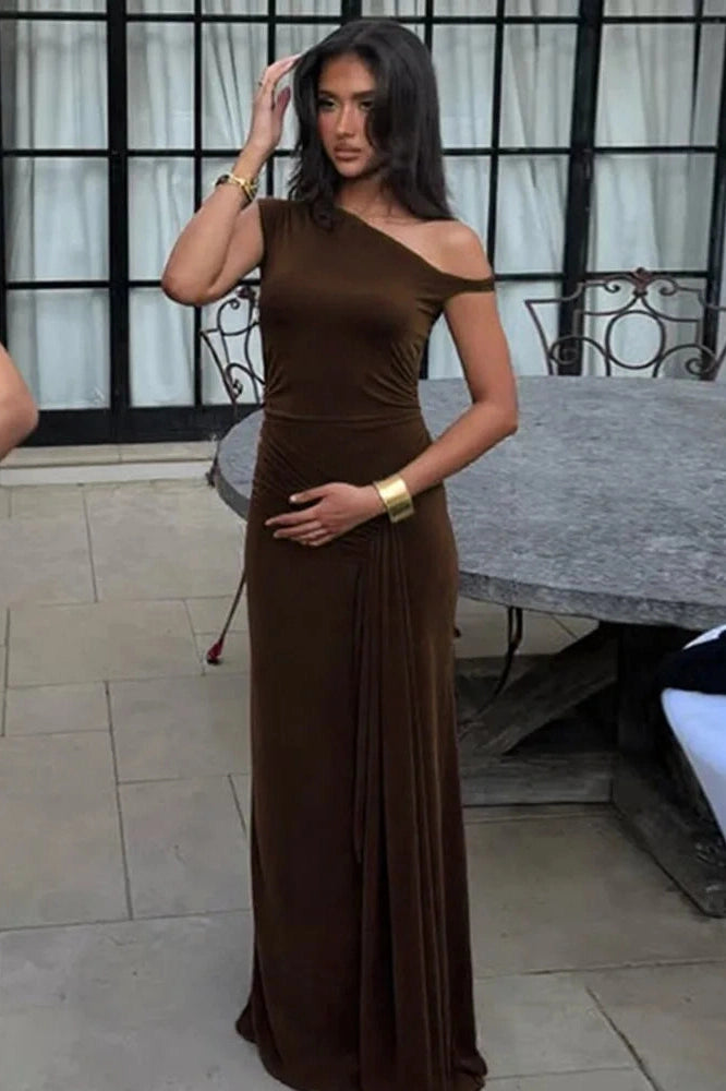 Glorol - One Shoulder Slim Sleeveless Patchwork Pleated Maxi Dress