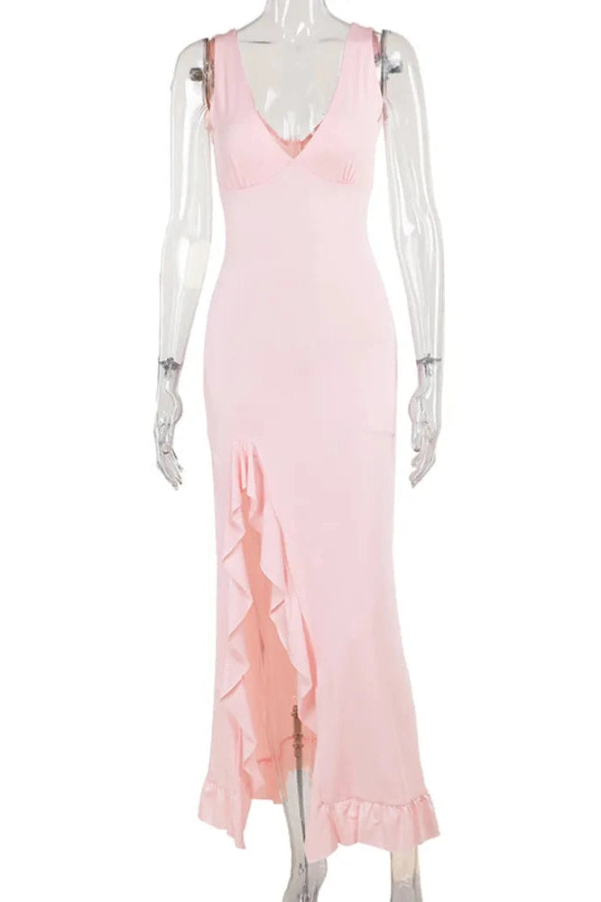 Glorol - Elegant Sleeveless Deep V Neck Backless High Split Maxi Dress