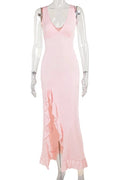 Glorol - Elegant Sleeveless Deep V Neck Backless High Split Maxi Dress