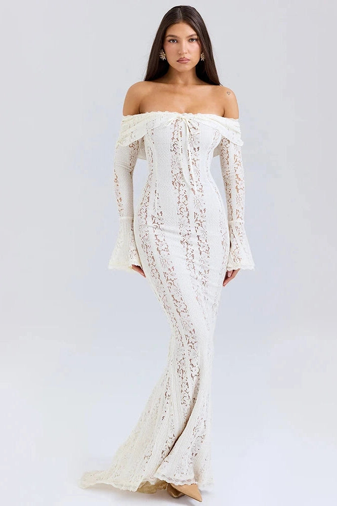 Glorol - Lace Off-shoulder Strapless Long Sleeve Backless Maxi Dress