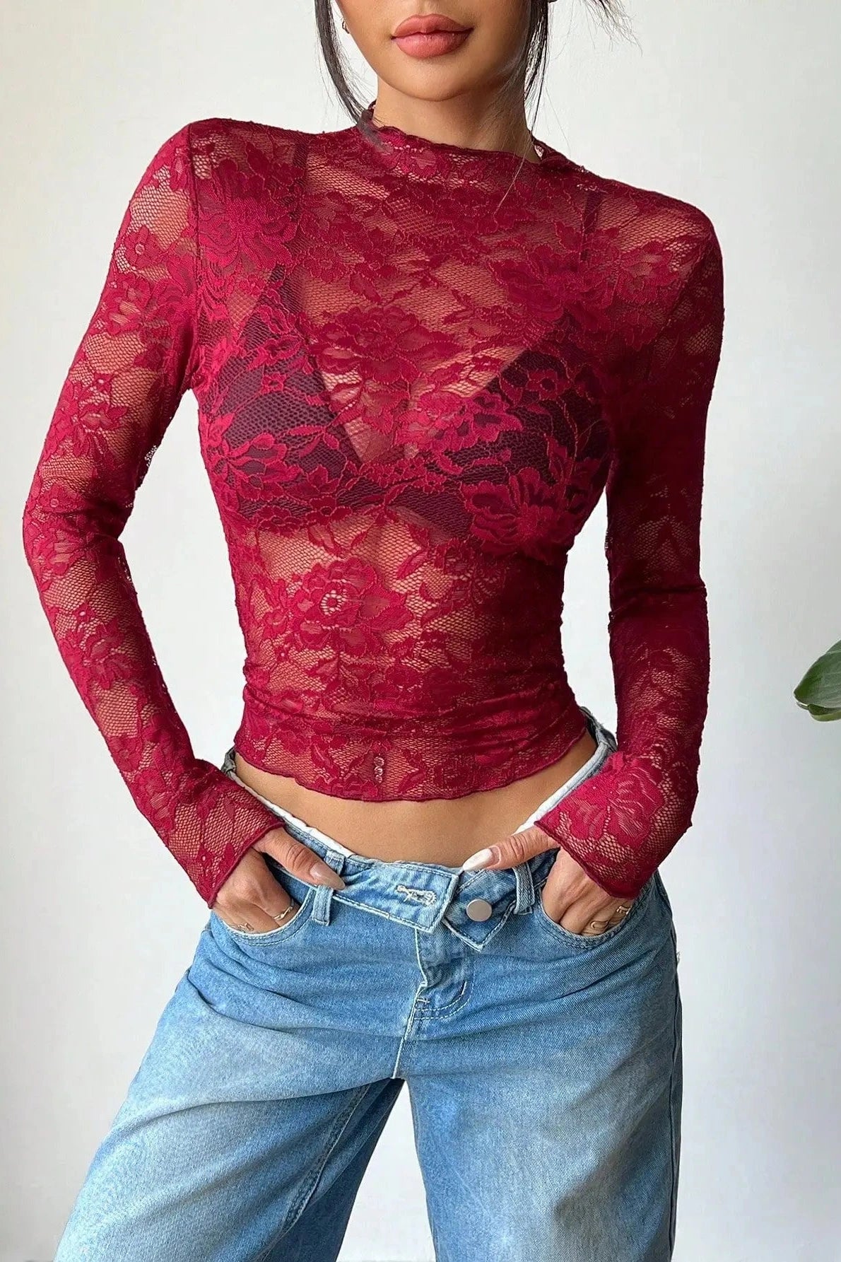Glorol - Lace Long-Sleeved Slim Top