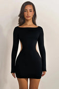 Glorol - Hollow Out Backless Long Sleeve O Neck High Waist Mini Dress