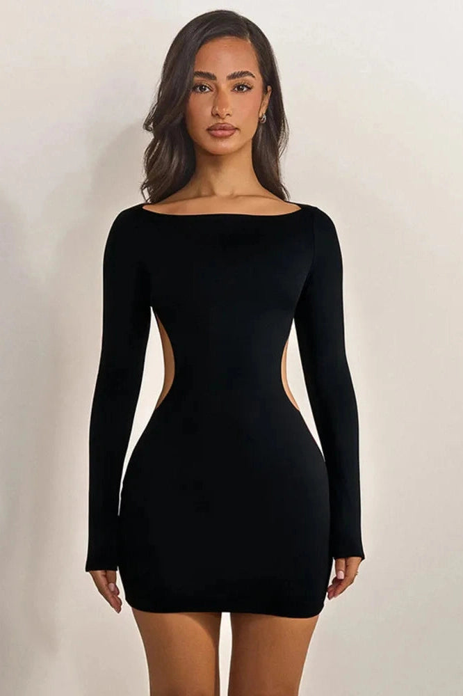 Glorol - Hollow Out Backless Long Sleeve O Neck High Waist Mini Dress