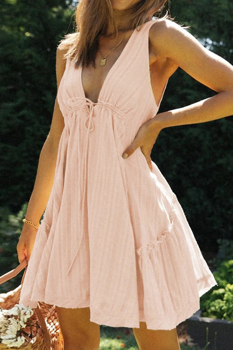 Glorol - Deep V-Neck Tie-Up Backless A-Line Mini Dress