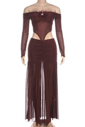 Glorol - Off Shoulder Long Sleeves Slim High Waist Maxi Dress