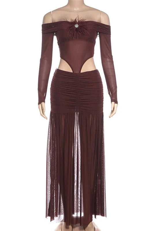 Glorol - Off Shoulder Long Sleeves Slim High Waist Maxi Dress