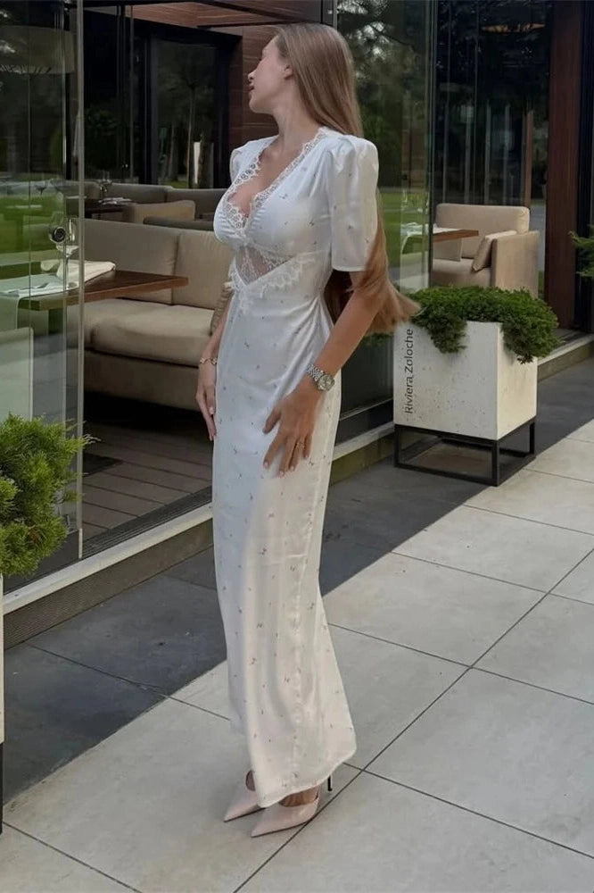 Glorol - Hollow Out V-Neck Lace Short Sleeve Patchwork Maxi Dress